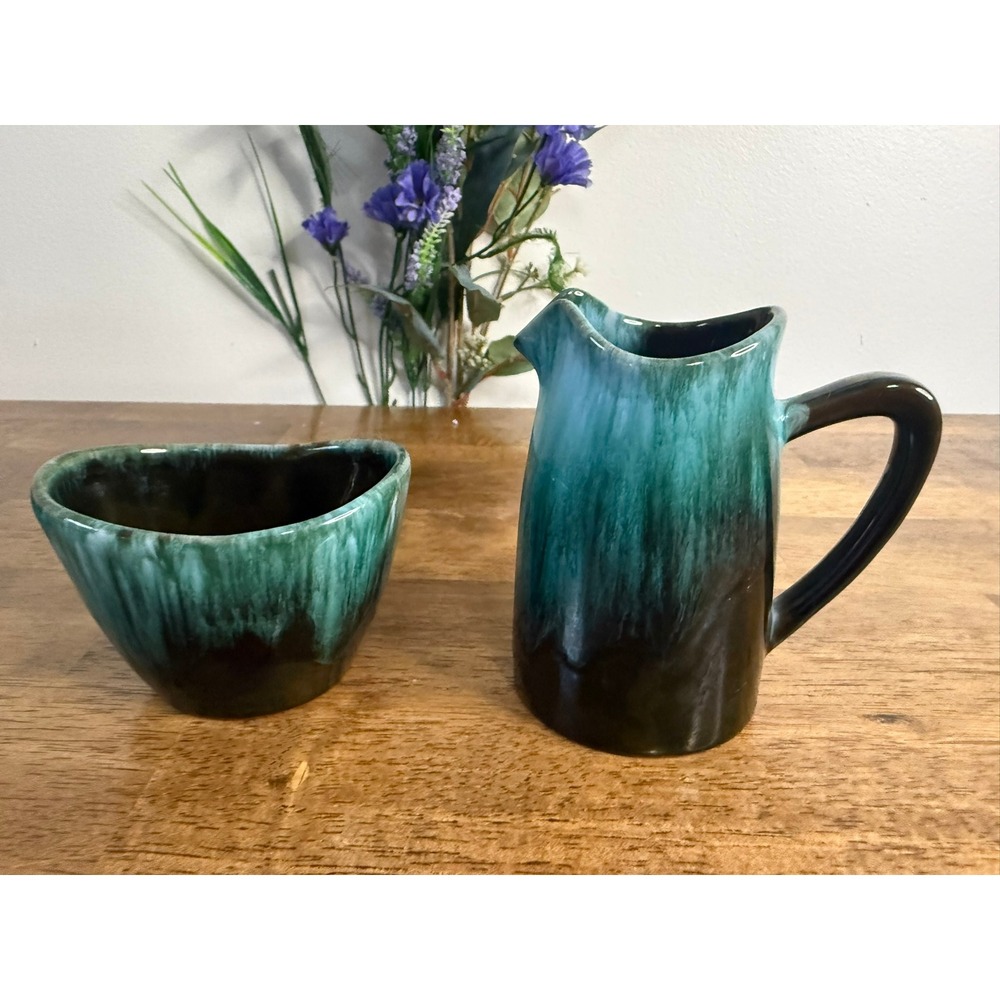 Blue Mountain Pottery Cream & Sugar Set Blue Green Drip Glaze Canada Vintage